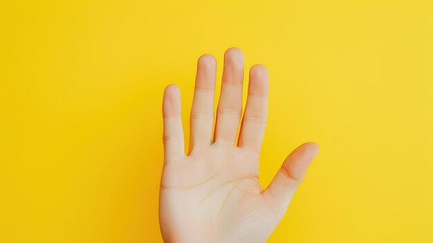 Una mano aperta su uno sfondo giallo vibrante che segnala temi di assistenza di benvenuto o highfive ideale per contenuti interattivi o gesti