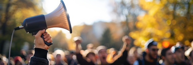 Una mano che alza un megafono sullo sfondo di una folla in protesta e fogliame autunnale