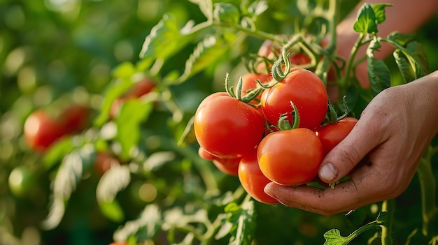 Una mano che raccoglie pomodori dal campo con un grande spazio di copia e la luce del sole mattutino AI generativa