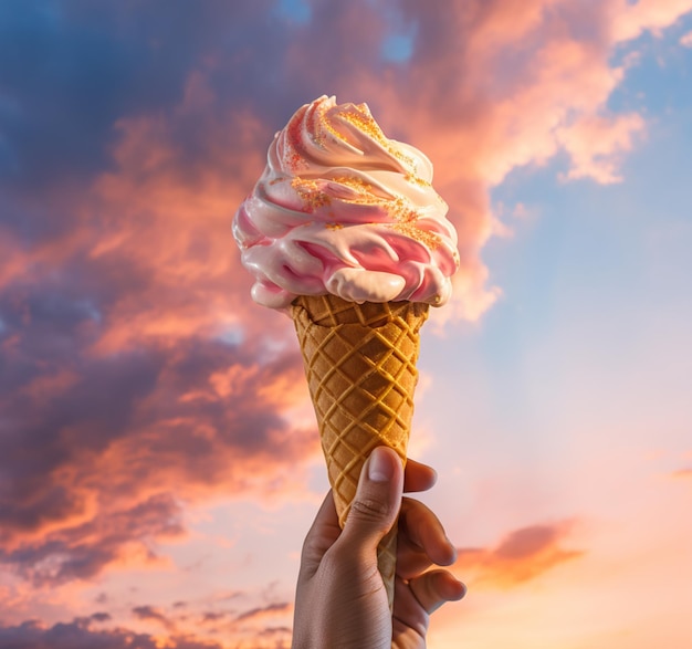 Una mano che tiene delicatamente un cono di gelato alla fragola il cielo al tramonto dipinge uno sfondo brillante creando un momento sereno e indulgente AI generativa