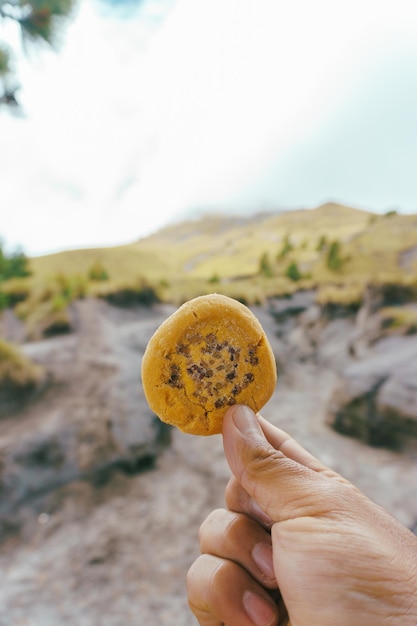 Una mano che tiene un biscotto sulla montagna
