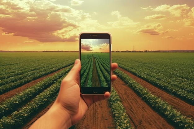 una mano che tiene un cellulare con un campo di soia sullo schermo IA generativa