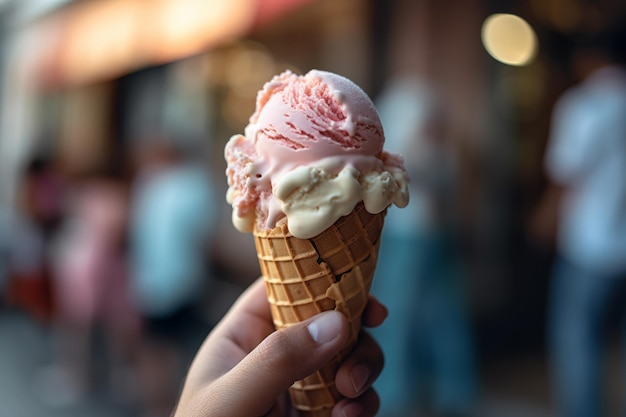 Una mano che tiene un cono di gelato con una guarnizione di fragola