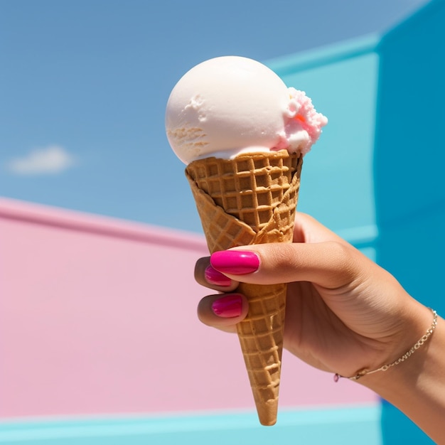 una mano che tiene un cono gelato con sopra smalto rosa.