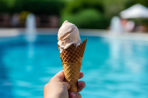 Una mano che tiene un cono gelato davanti a una piscina
