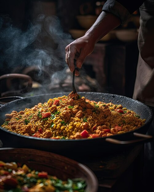 Una mano che tiene un cucchiaio sopra una padella di cibo Generativo Ai