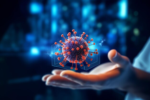 Una mano che tiene un modello di coronavirus con uno sfondo blu.