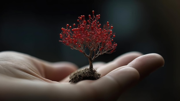 Una mano che tiene un piccolo albero con bacche rosse su di esso