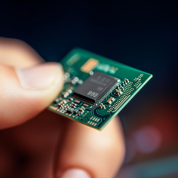 Una mano che tiene un piccolo computer con su scritto "sd card".