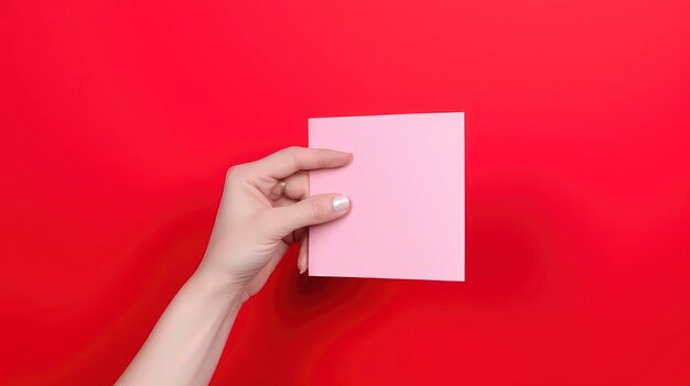 Una mano che tiene un post-it rosa vuoto contro uno sfondo rosso