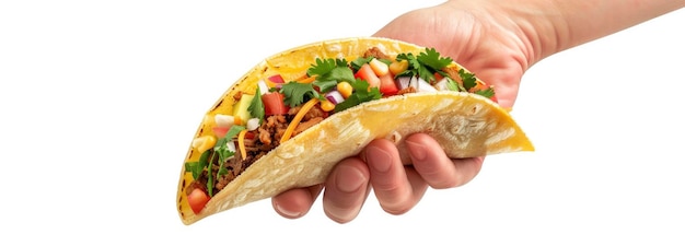 Una mano che tiene un taco isolato su uno sfondo bianco