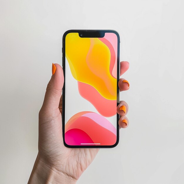 una mano che tiene un telefono con colori e colori rosa e arancione