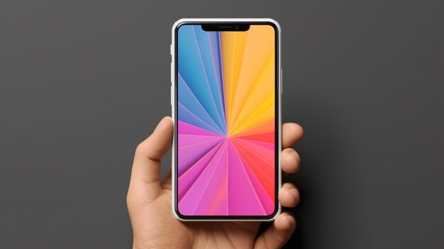 Una mano che tiene un telefono con un display a strisce arcobaleno.