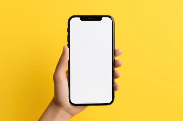 Una mano che tiene un telefono con uno schermo vuoto per il mockup dei tuoi progetti