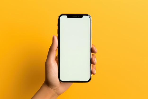 Una mano che tiene un telefono con uno schermo vuoto per il mockup dei tuoi progetti