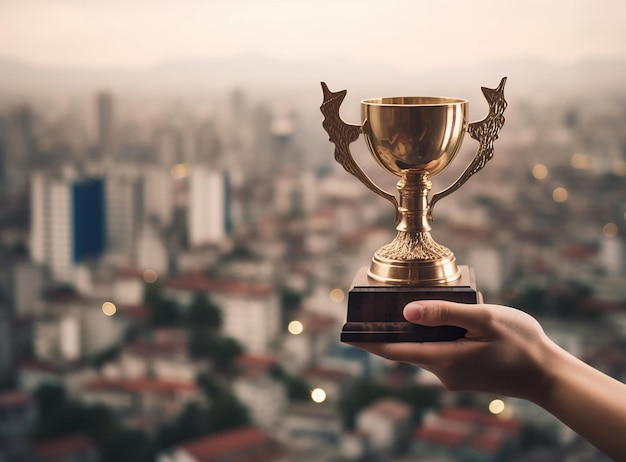 Una mano che tiene un trofeo su cui c'è scritto "trofeo"