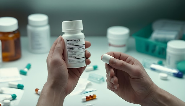 una mano che tiene una bottiglia di pillole con un'etichetta bianca vuota contro uno sfondo di rifornimenti medici