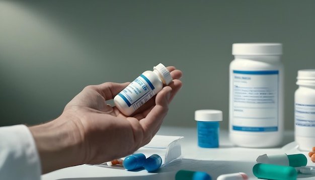 una mano che tiene una bottiglia di pillole con un'etichetta bianca vuota contro uno sfondo di rifornimenti medici