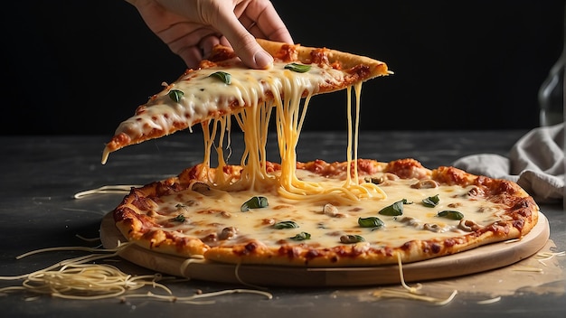 Una mano che tiene una fetta di pizza con formaggio fuso