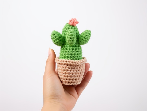 una mano che tiene una pianta di cactus in un vaso con un fiore dentro.