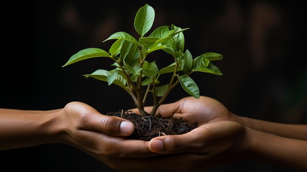 Una mano che tiene una pianta verde con la crescita dello sfondo sfocato della foresta