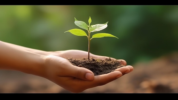 Una mano che tiene una piccola pianta con sopra la parola albero