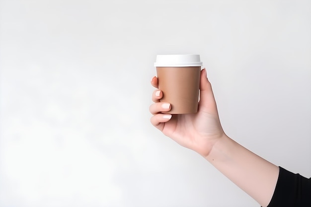 Una mano che tiene una tazza di caffè con uno sfondo bianco.