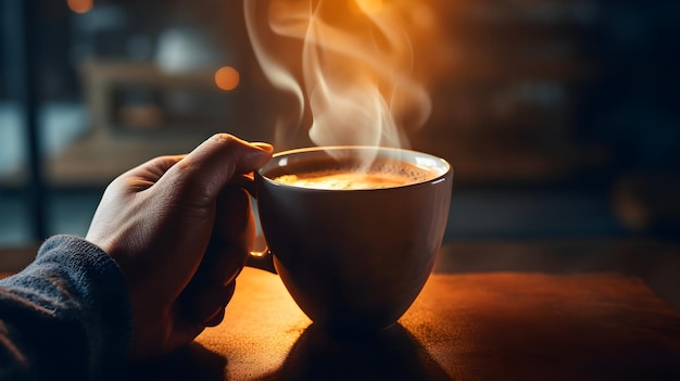 Una mano che tiene una tazza di caffè fumante