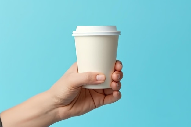 Una mano che tiene una tazza di caffè su uno sfondo blu immagine generativa ai