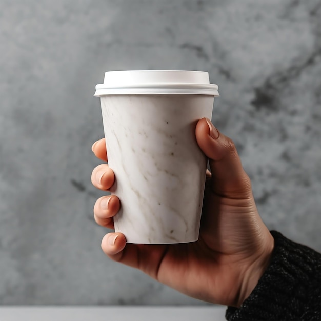 una mano che tiene una tazza di carta di caffè sfondo grigio