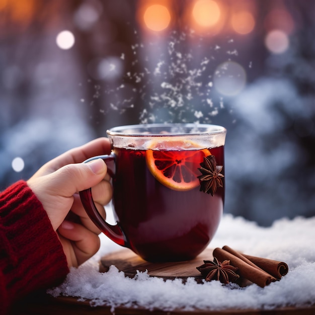 Una mano che tiene una tazza fumante di vino caldo o sidro all'aperto con fiocchi di neve visibili