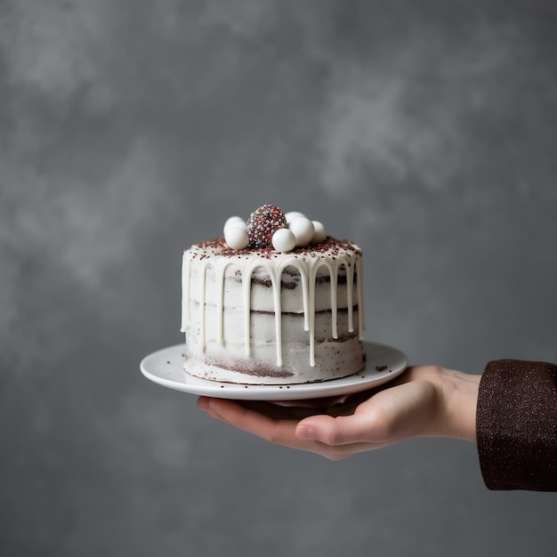 una mano che tiene una torta di compleanno