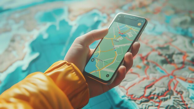 Una mano che tiene uno smartphone con un'app mappa aperta La mappa mostra una sezione di una città con strade edifici e punti di interesse