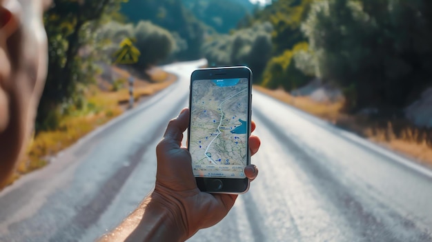 Una mano che tiene uno smartphone con un'app mappa aperta La strada è sfocata sullo sfondo