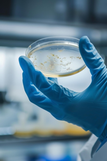 Una mano con i guanti tiene una ciotola di Petri con una coltura batterica un piatto di agar pieno di microbacteri e microorganismi