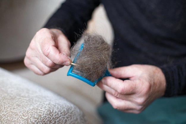 Una mano d'uomo che tiene la spazzola a pettine per gatti con pelliccia grigia.