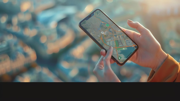 Una mano di donna che tiene uno smartphone con una mappa della città sullo schermo Lo sfondo è sfocato con un accenno dello skyline della città in lontananza