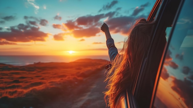 Una mano di donna è stata rivelata dall'auto durante un viaggio su strada al tramonto.