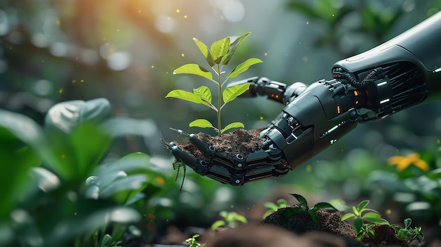 Una mano di robot che afferra una pianta di germoglio verde destinata alla piantagione in serra AI che salva la terra AI generativa