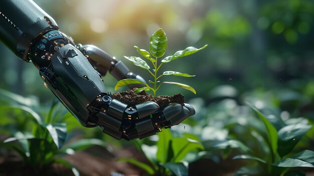 Una mano di robot che afferra una piantina di germoglio verde destinata alla piantagione in serra AI che salva la terra AI generativa