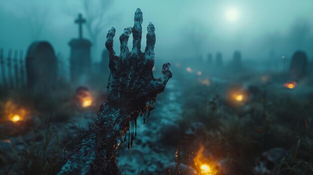 Una mano di zombie emerge da un cimitero in una notte inquietante.