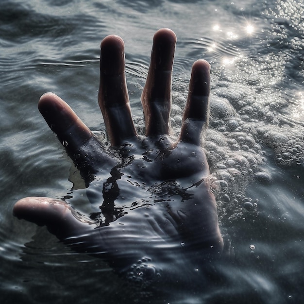 una mano è immersa nell'acqua con il sole che splende sull'acqua.