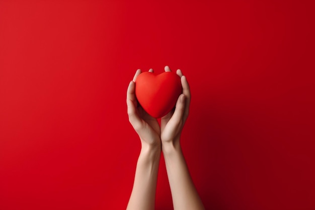 Una mano e un cuore rosso con uno sfondo rosso