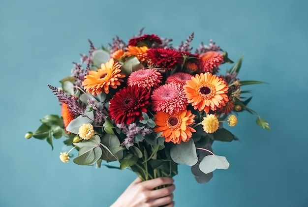 Una mano femminile tiene un bouquet di fiori su uno sfondo blu creato con la tecnologia Generative AI