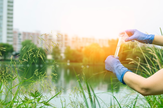 Una mano guantata raccoglie l'acqua in una provetta. Campionamento da acque libere in un corpo idrico cittadino. Scienziato o biologo che preleva un campione di acqua in una provetta sullo sfondo di un paesaggio urbano