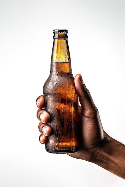 una mano maschile che regge una bottiglia di birra isolata su uno sfondo bianco