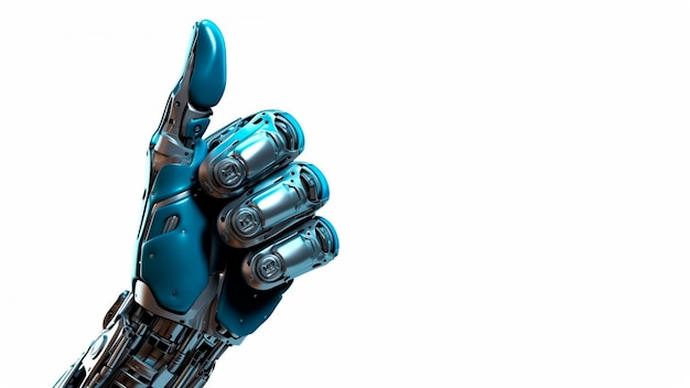 Una mano meccanica del robot umanoide blu che modella il gesto simile IA generativa