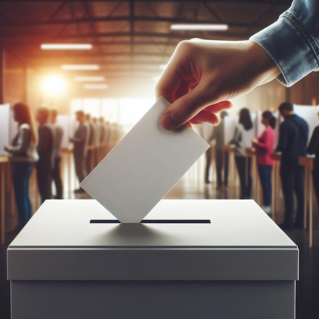 Una mano mette un pezzo di carta in un'urna elettorale Concetto elettorale I cittadini votano guadagni in democrazia