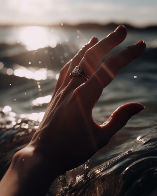Una mano nell'acqua con sopra un anello di diamanti