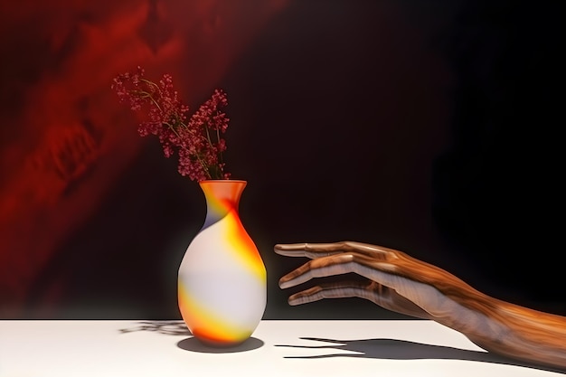 Una mano prende un vaso con dentro dei fiori.